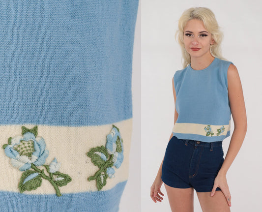 60s Knit Tank Top Blue Wool Cropped Blouse Striped Floral Mod Sleeveless Shirt Retro Rose Boxy Crop Top Simple Girly Vintage 1960s Medium M