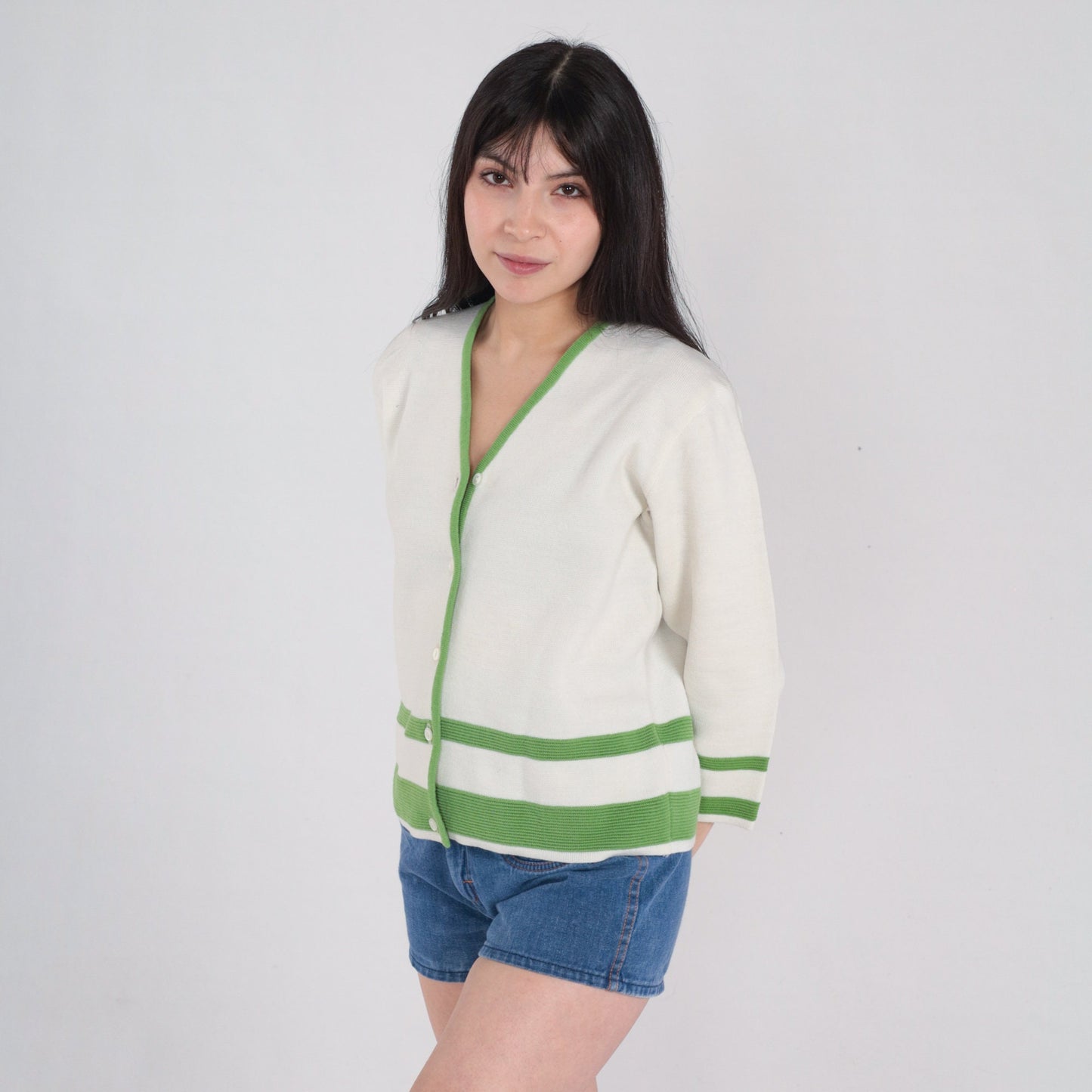 Striped Wool Cardigan 70s Button Up Knit Sweater White Green Stripes Retro Preppy V Neck Basic Seventies Knitwear Vintage 1970s Small S