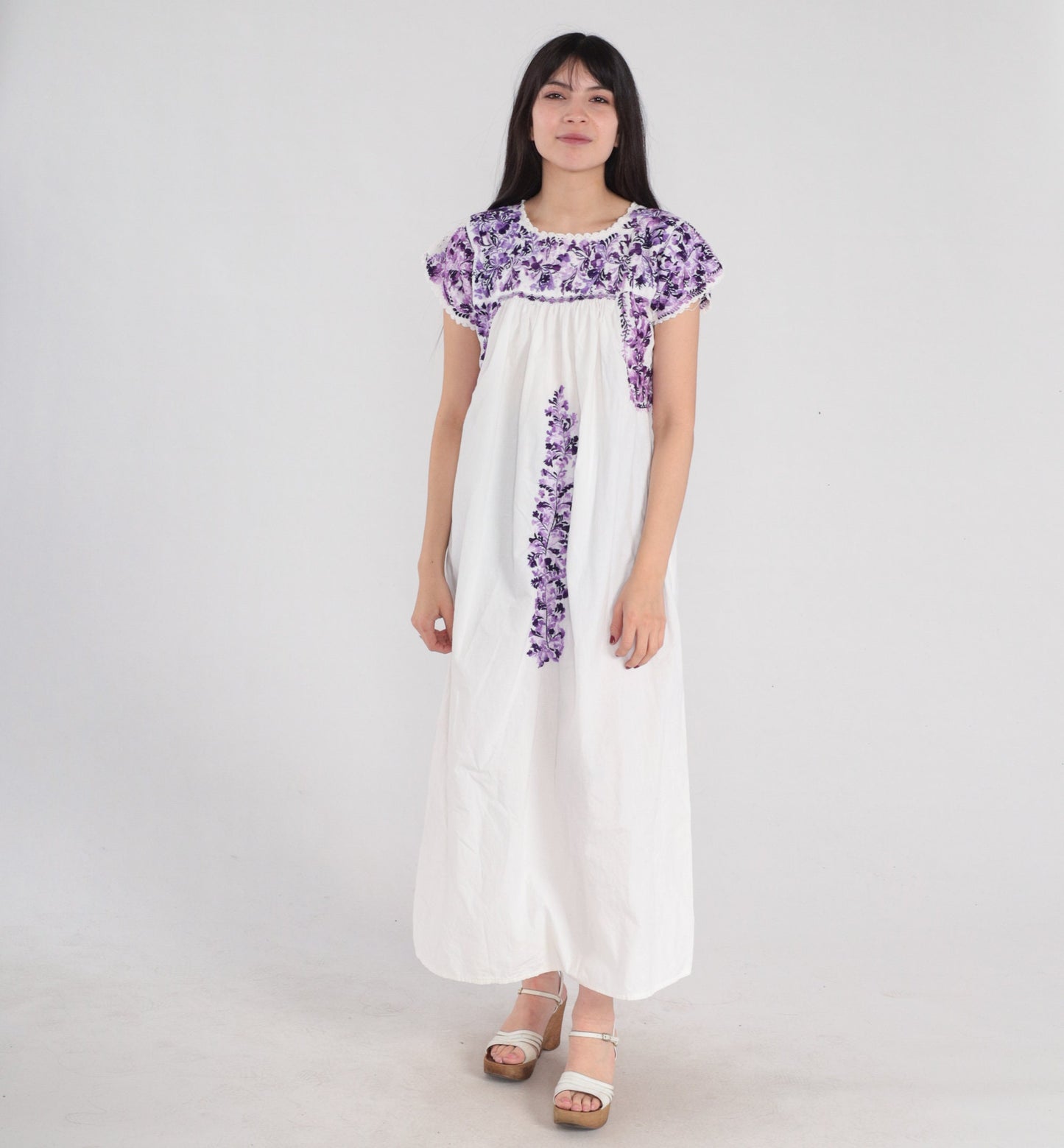 Mexican Embroidered Dress 90s White Oaxacan Floral Midi Dress Purple Flower Tent Peasant Cotton Hippie Summer Vintage 1990s Small Medium
