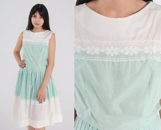 60s Day Dress Semi-Sheer White Green Lace Trim Midi Dress Retro Knee Length Fit and Flare High Waisted Sleeveless Mod Vintage 1960s Small S