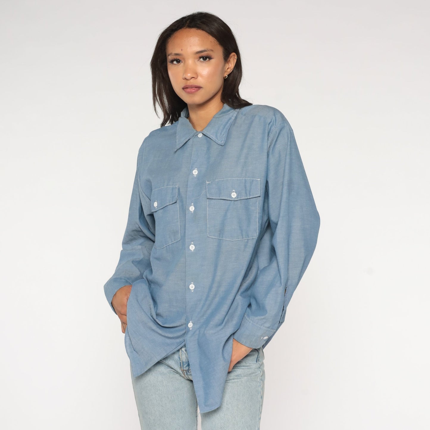 Dickies Button Up Shirt 90s Blue Chambray Shirt Long Sleeve Collared W ...