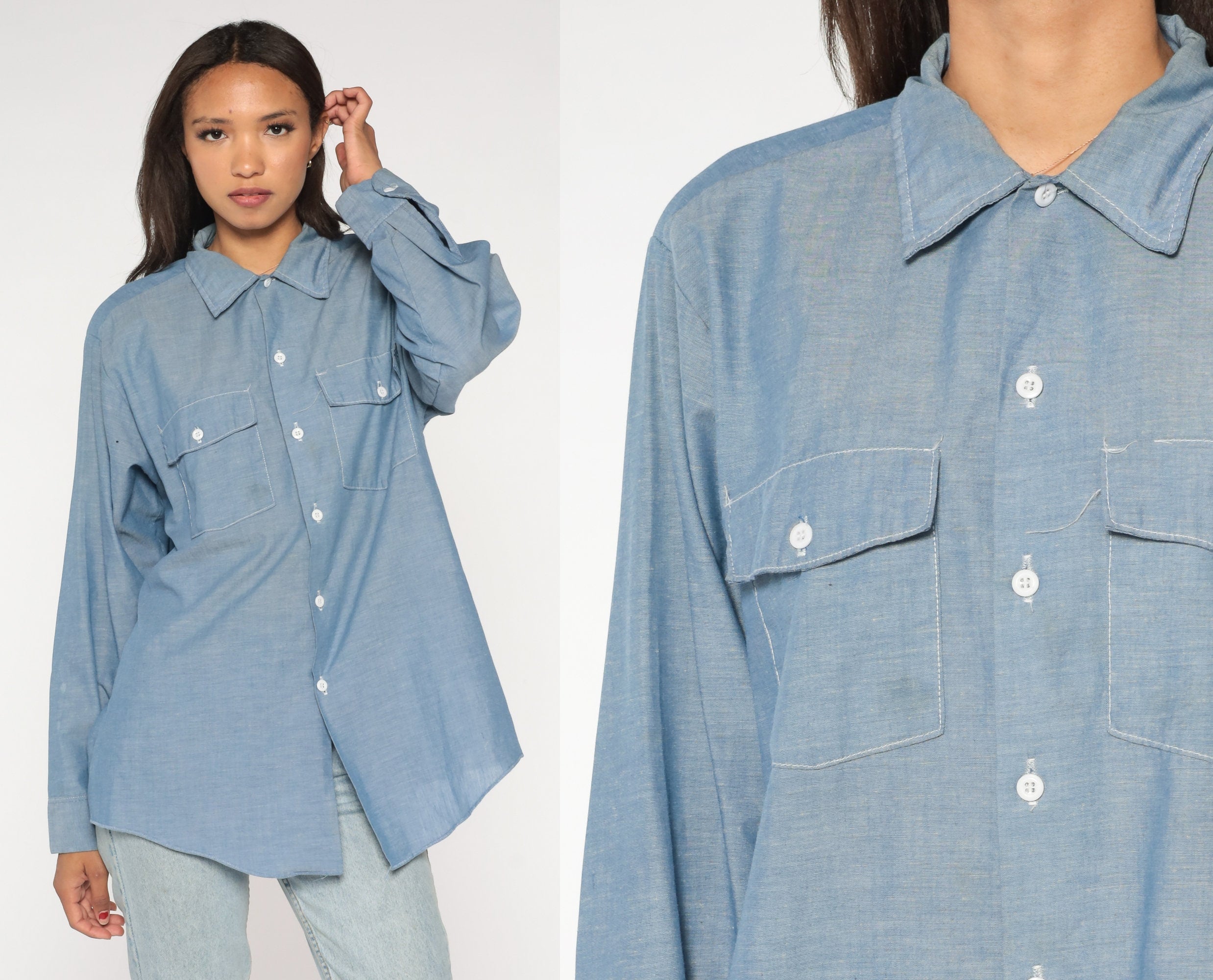 Dickies Button Up Shirt 90s Blue Chambray Shirt Long Sleeve Collared W ...