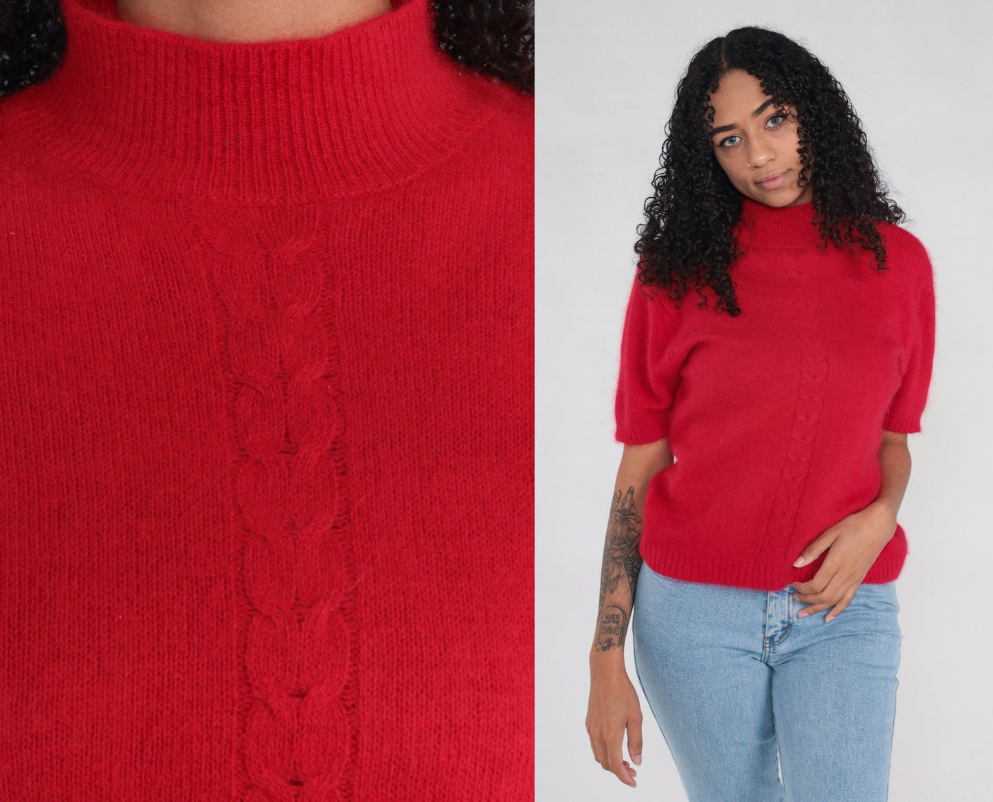 Red Angora Sweater 90s Mock Neck Sweater Top Retro Cable Knit Short Sleeve Sweater Fuzzy Warm Basic Simple Plain Minimal Vintage 1990s Large