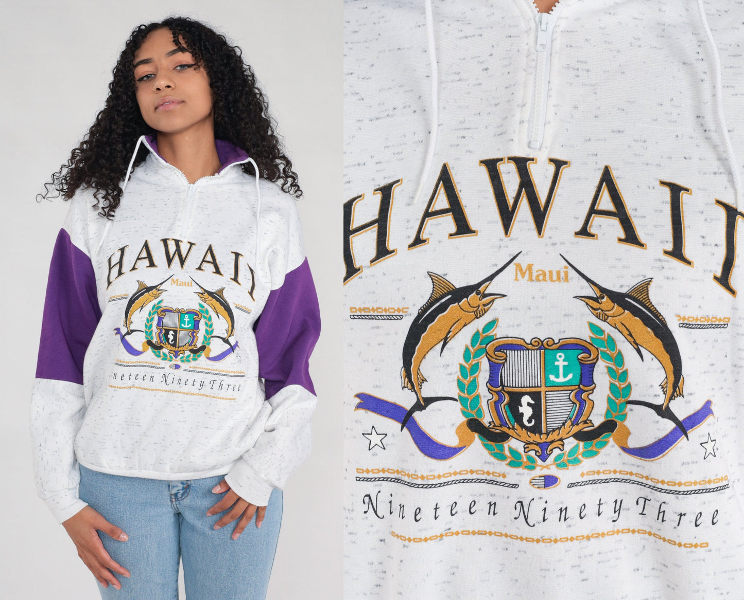 Maui Hawaii Sweatshirt Heather Grey Quarter Zip Sweatshirt 90s Sweatshirt Graphic Print 1993 Pullover 1990s Shirt Vintage Medium Large