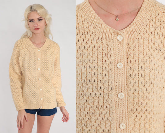 60s Cardigan Cream Chunky Knit Button Up Sweater Retro Open Weave Simple Neutral Basic Bohemian Knitwear Vintage 1960s Medium M