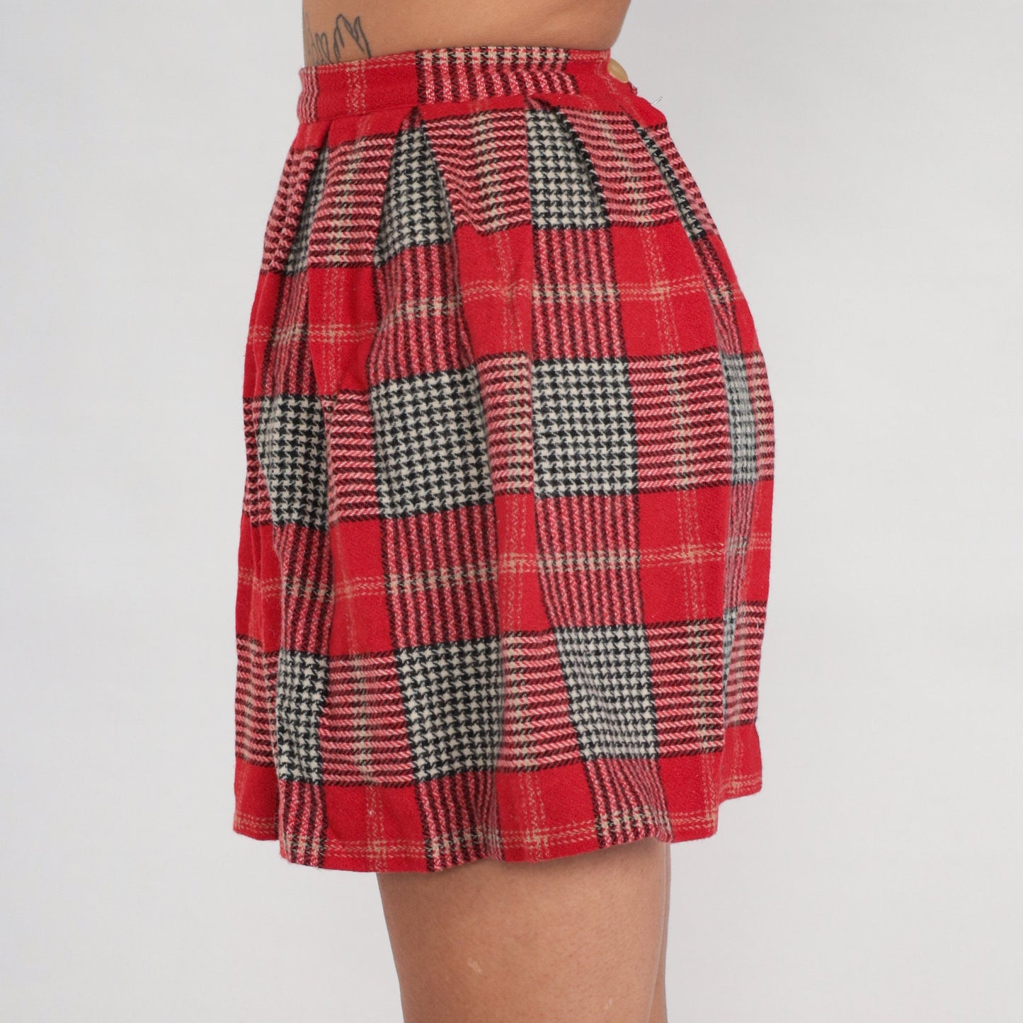 60s Mini Skirt Red Plaid Skirt Houndstooth Retro School Girl Skirt Pleated High Waist Preppy Checkered Black Vintage 1960s Extra Small xs