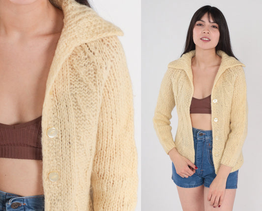 60s Cardigan Cream Cable Knit Button Up Sweater Mohair Wool Blend Collared Retro Neutral Basic Cablenknit Chunky Knitwear Vintage 1960s XS