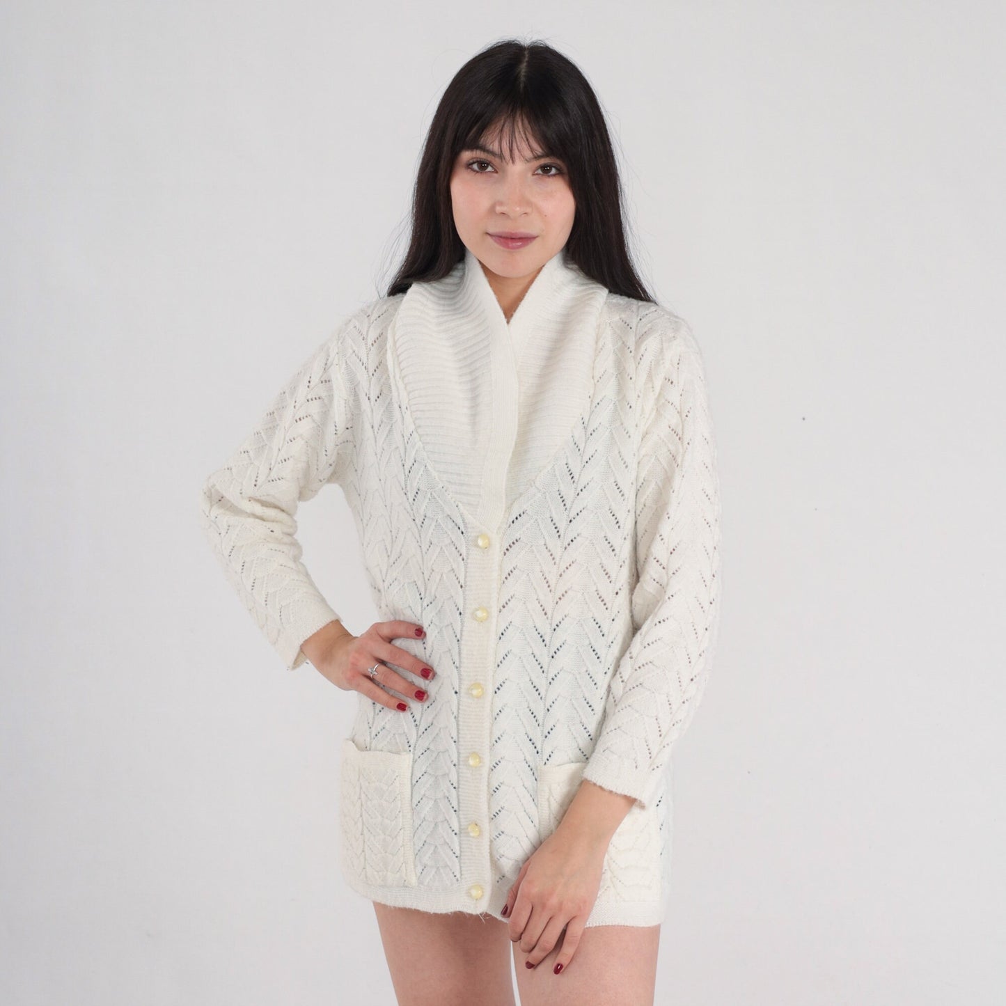 White Cardigan 70s Pointelle Knit Button Up Sweater Sheer Boho Open Weave Grandma Pockets Shawl Collar Girly Vintage 1970s Acrylic Medium M