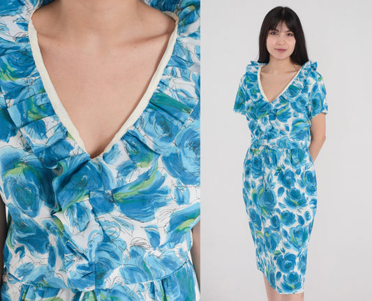 60s Floral Dress Ruffled Rose Print Pencil Dress Knee Length Sheath High Waist V Neck Short Sleeve Blue White Pin Up Vintage 1960s Medium M