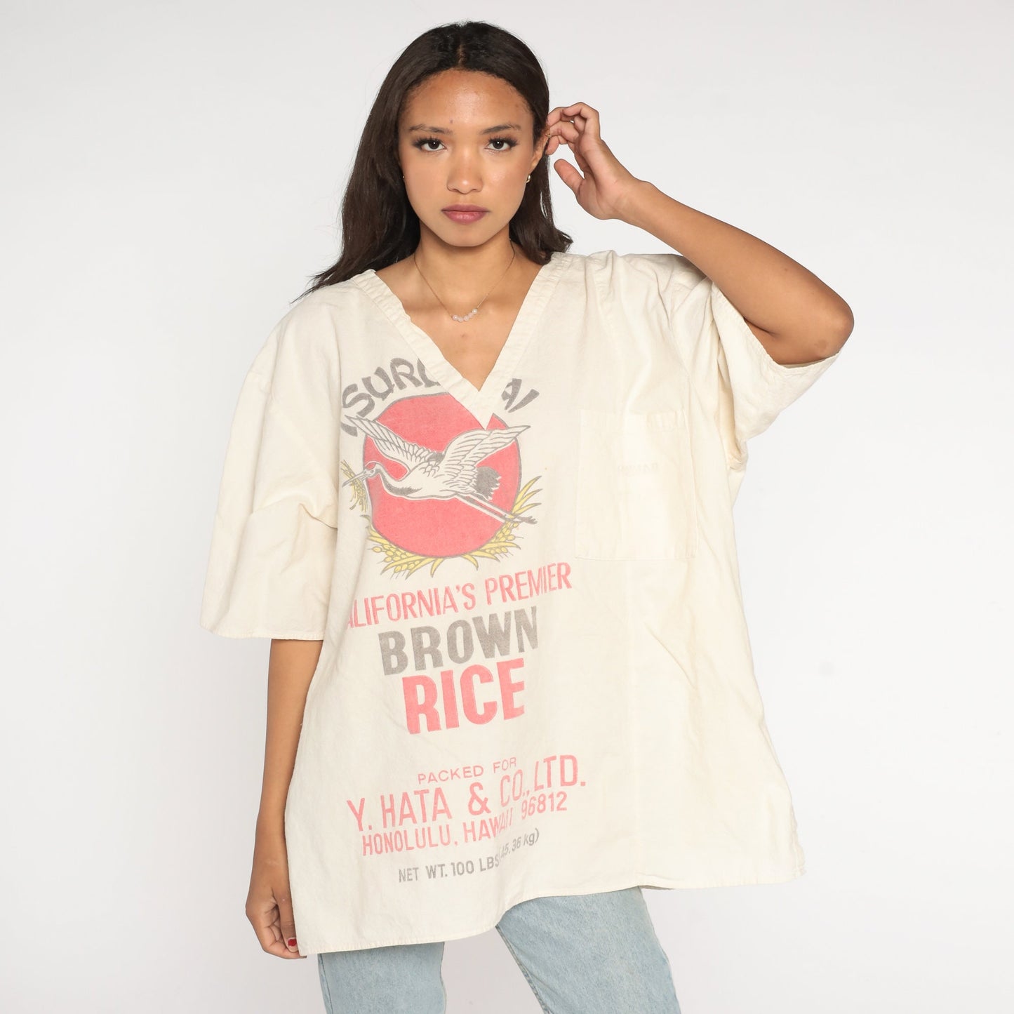 Vintage Rice Sack Shirt Tsuru Mai Hawaii Flour Sack Tshirt Crane Bird Shirt 90s Feedsack Vintage T Shirt Graphic Tee 1990s t shirt 3xl xxxl