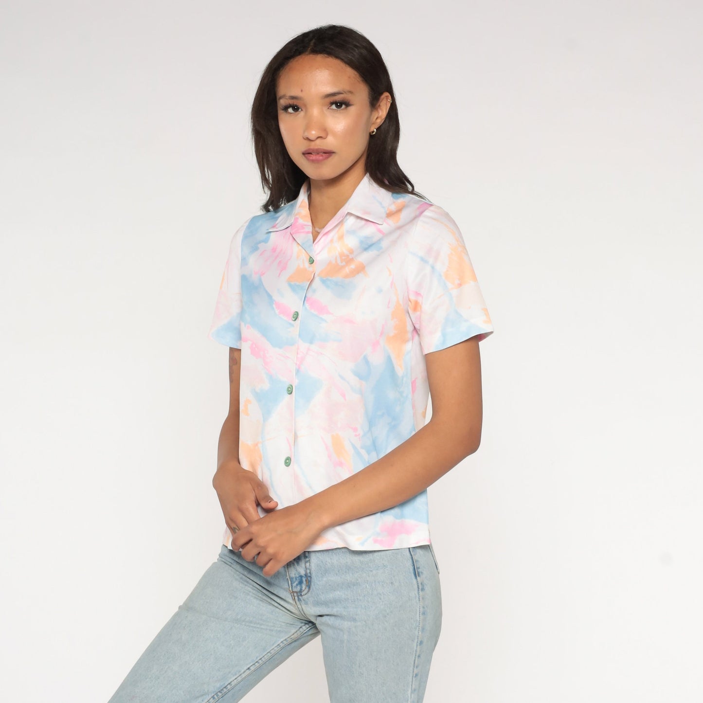 70s Shirt Watercolor Brushstroke Shirt Disco Top Pink Blue Shirt Hippie Blouse Painter Bohemian Shirt 1970s Short Sleeve Button Up Small S