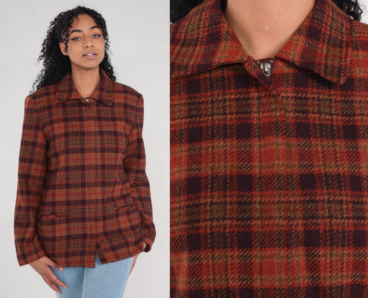Zip Up Wool Jacket 80s Plaid Jacket Burnt Orange Purple Jacket Vintage 1980s Collared Work Jacket Medium 10