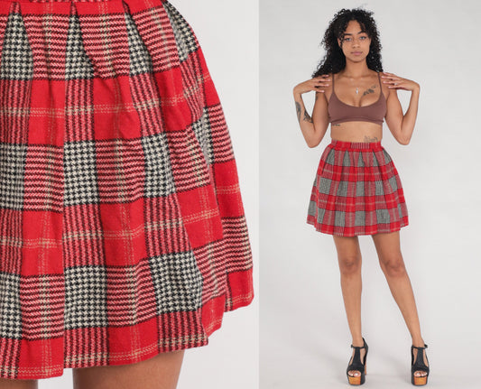 60s Mini Skirt Red Plaid Skirt Houndstooth Retro School Girl Skirt Pleated High Waist Preppy Checkered Black Vintage 1960s Extra Small xs