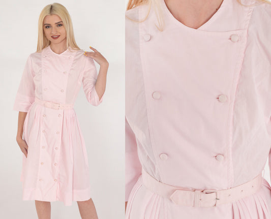 60s Day Dress Baby Pink Shirtdress Double Breasted Button up Knee Length Midi Retro High Waisted Half Sleeve Pinup Sixties Vintage 1960s XS