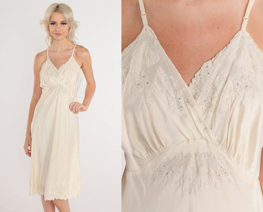 40s Slip Dress Silk Lingerie Nightgown Ivory Floral Embroidered Knee Length Nightie Chemise Pinup Empire Waist Forties Vintage 1940s Small S