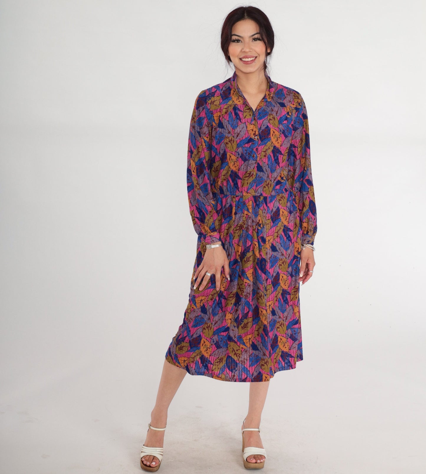 Leaf Print Dress 90s Midi Button up Shirtwaist Dress Pink Blue Green Retro Collared Long Sleeve Secretary Dress Day Vintage 1990s Medium